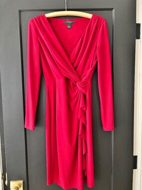 Lauren Ralph Lauren Wine Red Faux Wrap Ruffle Dress Size 2